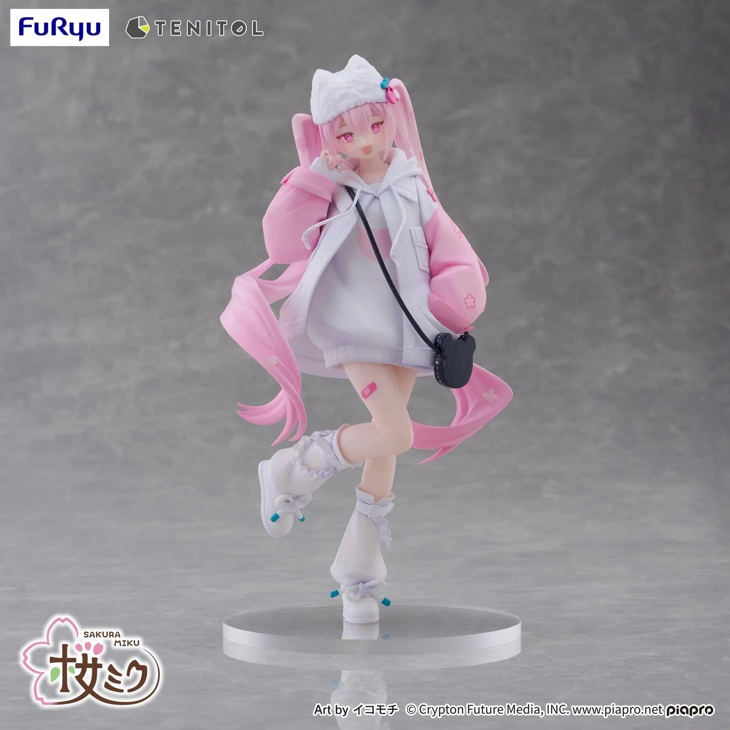 Vocaloid Tenitol Petit Sakura Miku Cool Style Figure featuring Sakura Miku in a pink and white hoodie outfit with twin-tails and a cat-shaped bag
