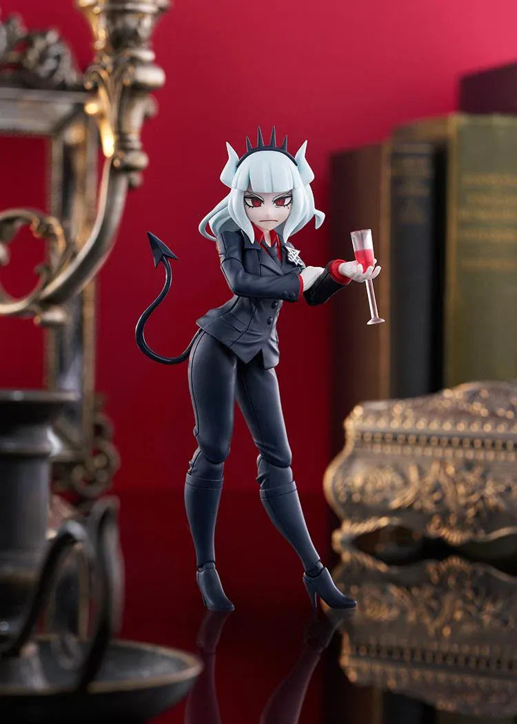 Helltaker figma Lucifer Figure with white hair, black horns, devil tail, black suit, and wine glass accessory