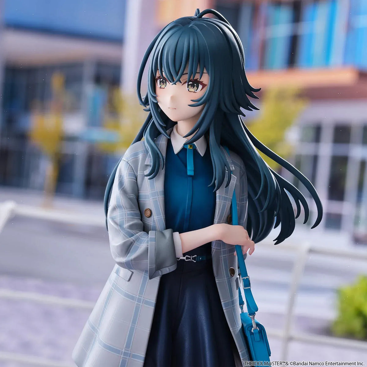 The Idolmaster Gakuen Temari Tsukimura 1/6 scale figure wearing a plaid coat, blue blouse, pleated skirt, and carrying a shoulder bag.