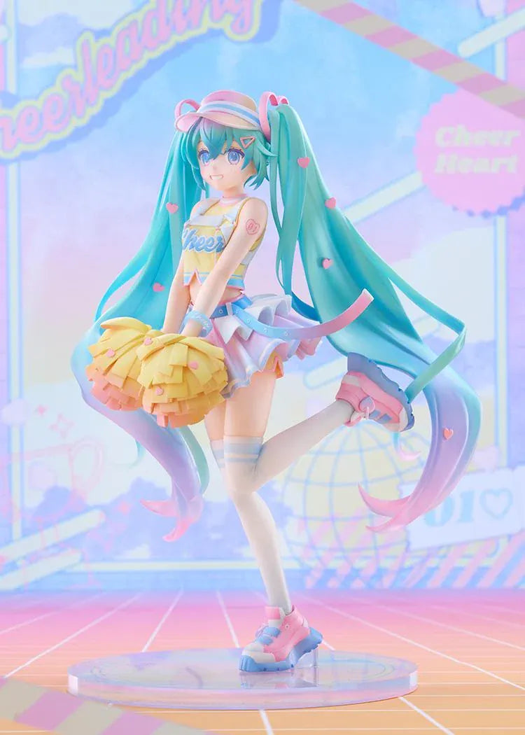 Hatsune Miku Cheerleading Ver. 1/7 scale figure holding yellow pom-poms, with turquoise twin-tails, a pastel outfit, and one leg lifted.