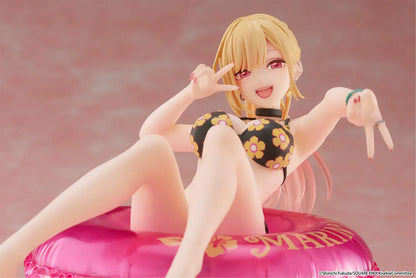 My Dress-Up Darling Aqua Float Girls Marin Kitagawa Figure Rerelease featuring Marin relaxing on a pink swim float with floral swimsuit and translucent water-style base.