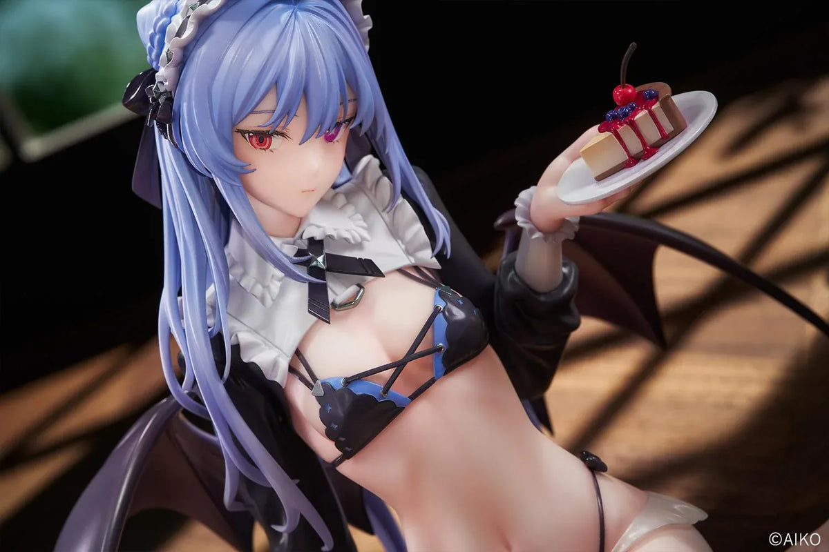 NIYA Maid Ver. figure illustrated by AIKO, with blue hair, a frilled headband, dark wings, and a dessert plate, seated on a wood-patterned base.