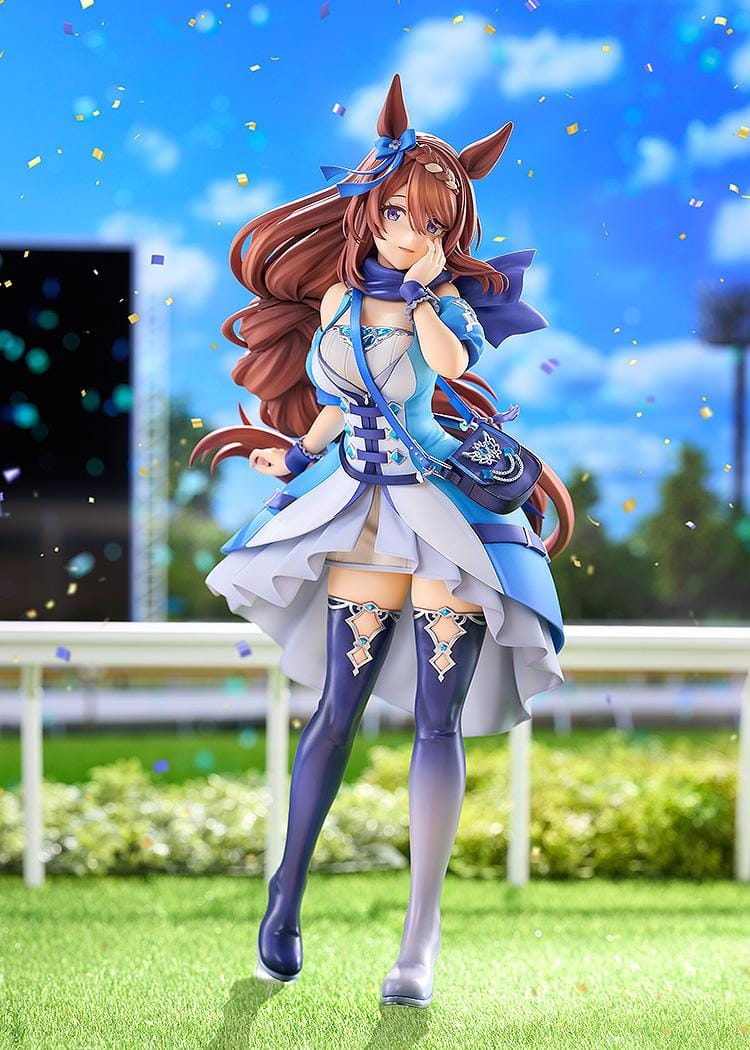 Umamusume Cinderella Gray Super Creek figure with flowing brown hair, a blue and white outfit, shoulder bag, and tall boots, posed with a hand against her cheek.