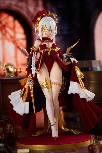 Alchemist Formal Dress Ver. 1/7 Scale Figure featuring a white-haired character in a red formal dress with gold accessories, ornate staff, cape, and red display base.