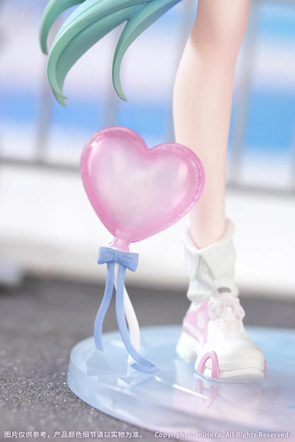 Honkai Star Rail Gift+ Cyrene Wonderful Holiday Ver. 1/8 Scale Figure featuring Cyrene with pink hair, pastel outfit, jacket, handbag, heart accent, and display base.