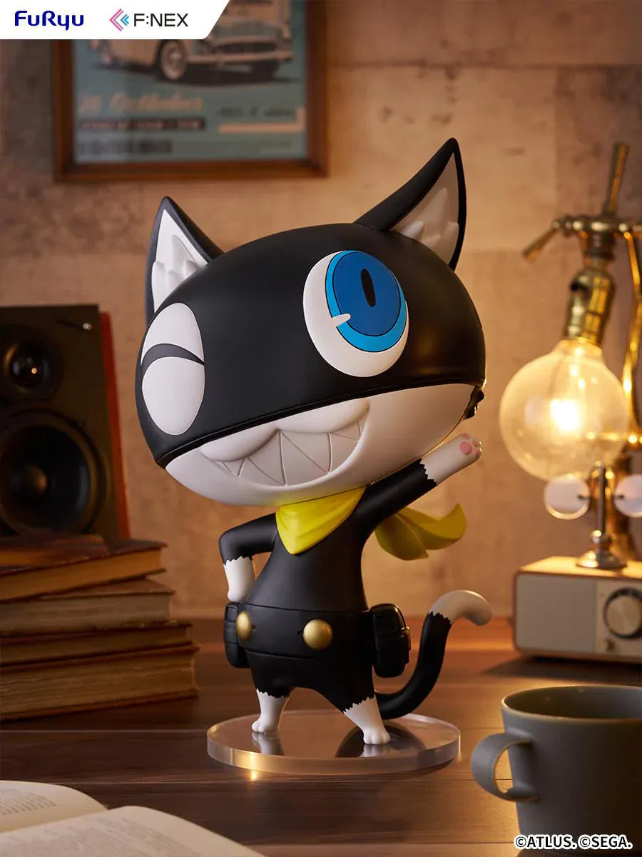 Persona 5 Royal F:Nex Morgana Big Soft Vinyl Figure with black cat design, blue eyes, yellow scarf, and waving pose