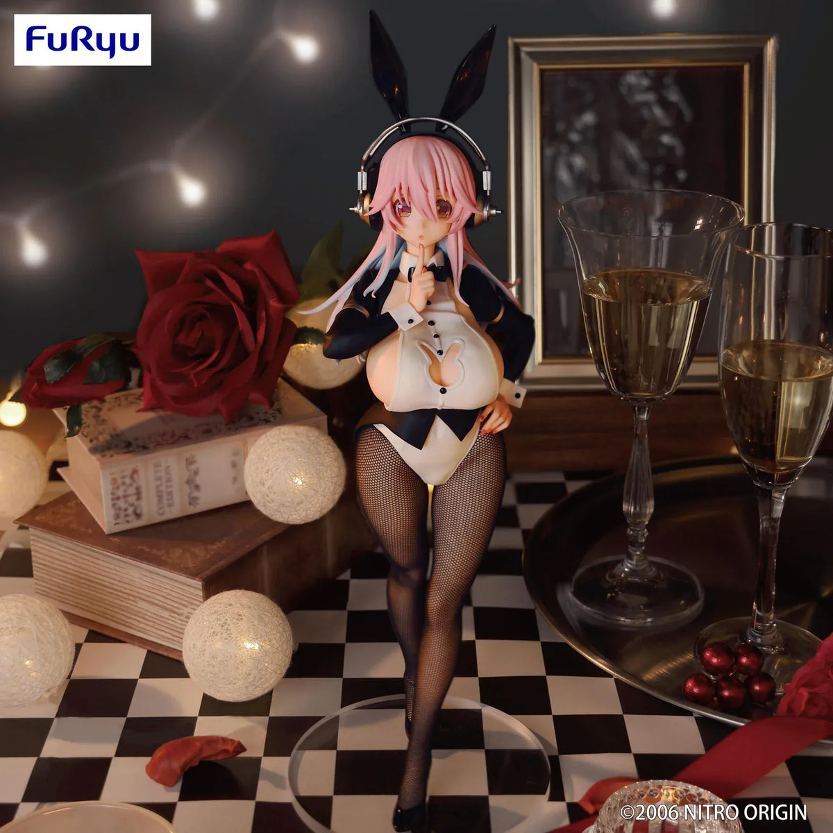Super Sonico Tailcoat Ver. figure with pink hair, silver headphones, black bunny ears, a black and white outfit, and patterned stockings.