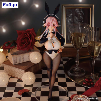 Super Sonico Tailcoat Ver. figure with pink hair, silver headphones, black bunny ears, a black and white outfit, and patterned stockings.