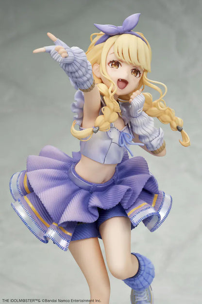 The Idolmaster Gakuen Kotone Fujita Re;IRIS Ver. 1/7 Scale Figure featuring Kotone with blonde twin braids, purple idol outfit, leg warmers, and themed display base.