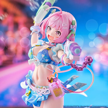 Riamu Yumemi 1/6 scale figure from The Idolmaster Cinderella Girls in pastel blue idol outfit holding water gun accessory on clear display base