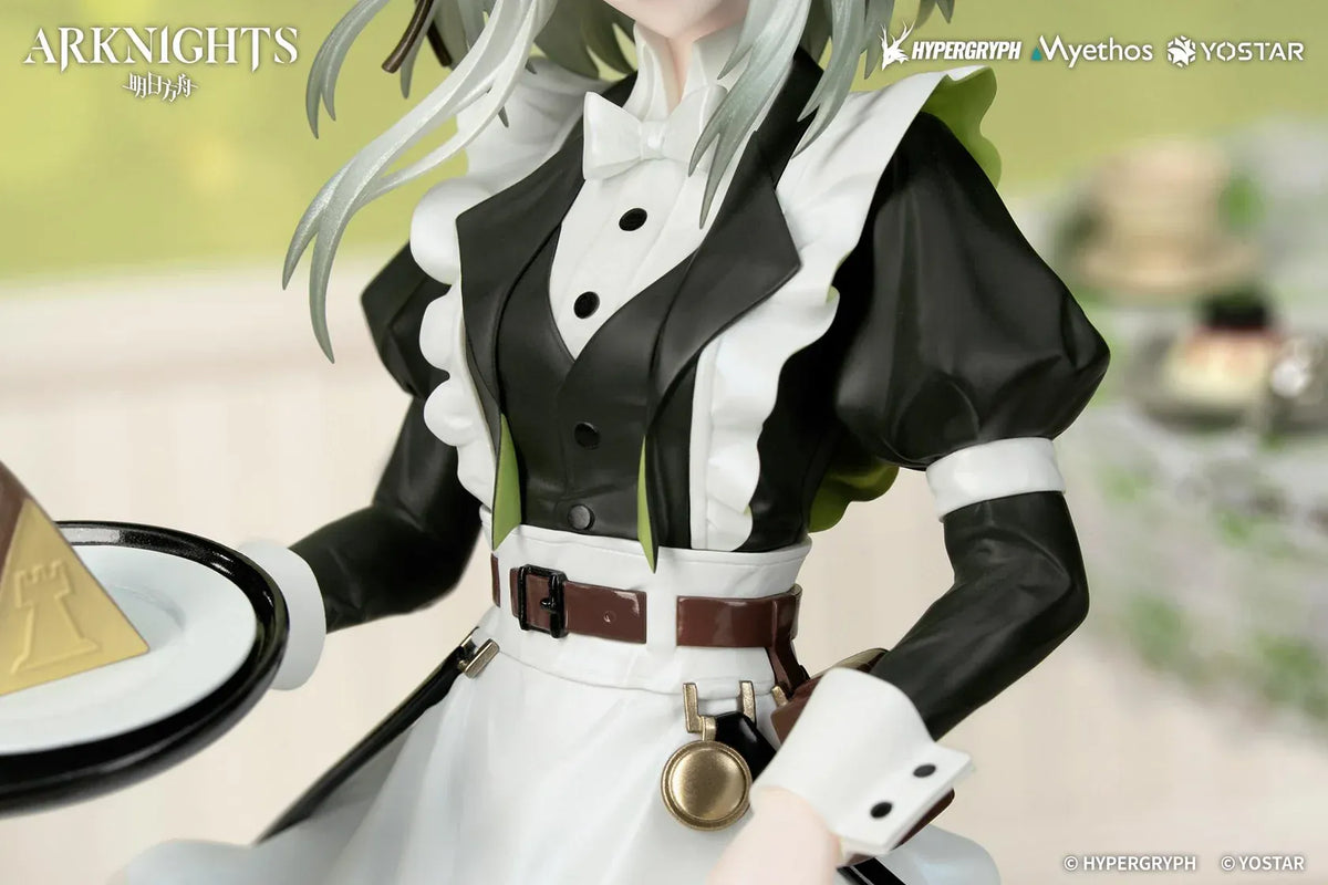 Kal'tsit The Remains of Time Ver. figure wearing a flowing black and white maid dress and holding a serving tray on a translucent green base.