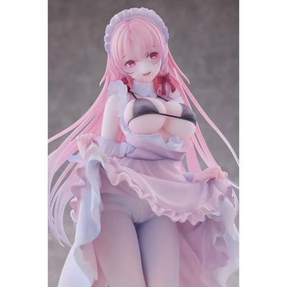 Maid Oneesan Cynthia Different Color Ver. 1/6 Scale Figure illustrated by Yukimiya Yuge, featuring a pink-haired anime girl in a frilly pink and white maid outfit with a black top, white stockings, and high heels.