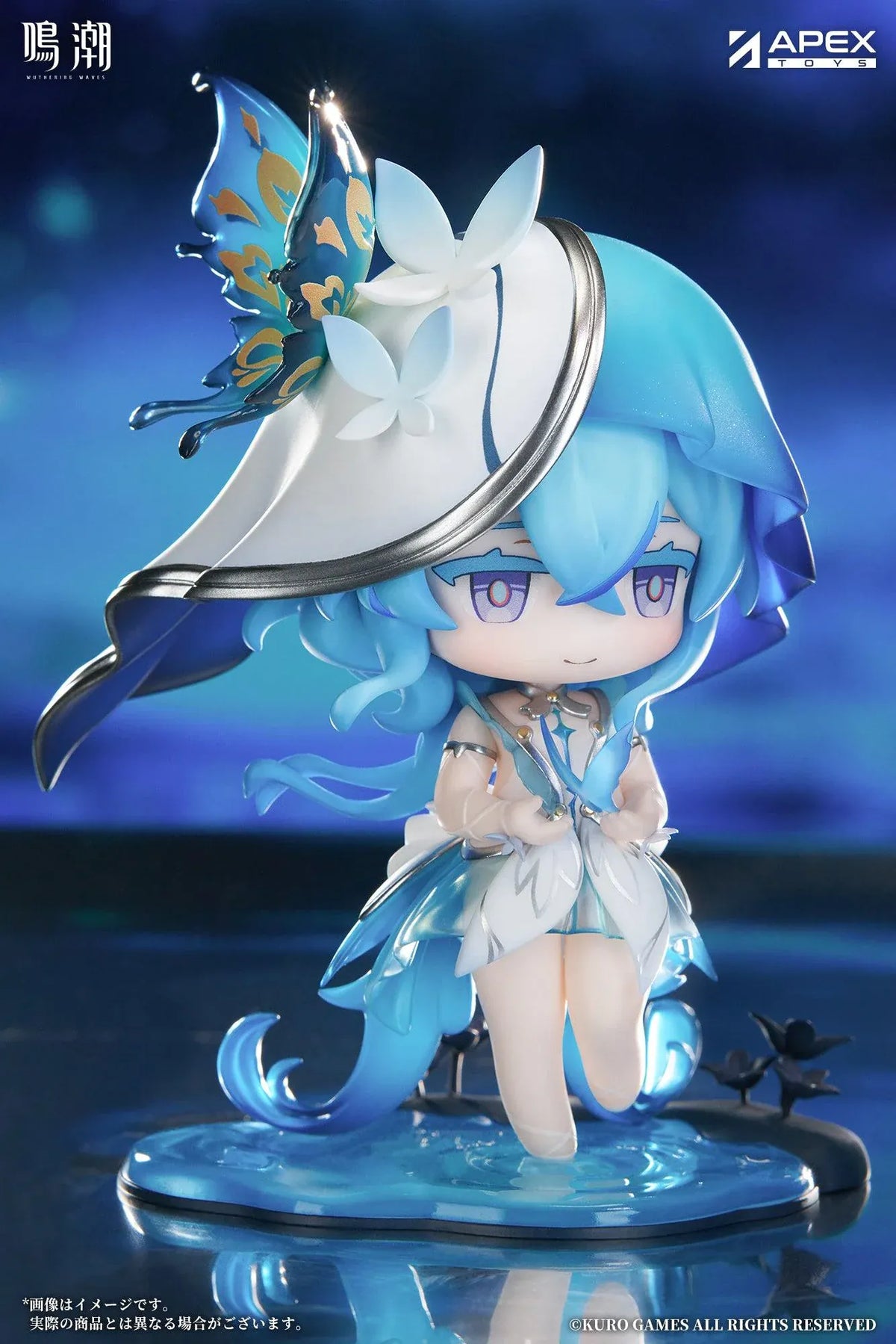Chibi Shorekeeper Jinseki Series figure with blue hair, a butterfly-decorated headpiece, and a blue butterfly held in her hands, standing on a water-inspired base.