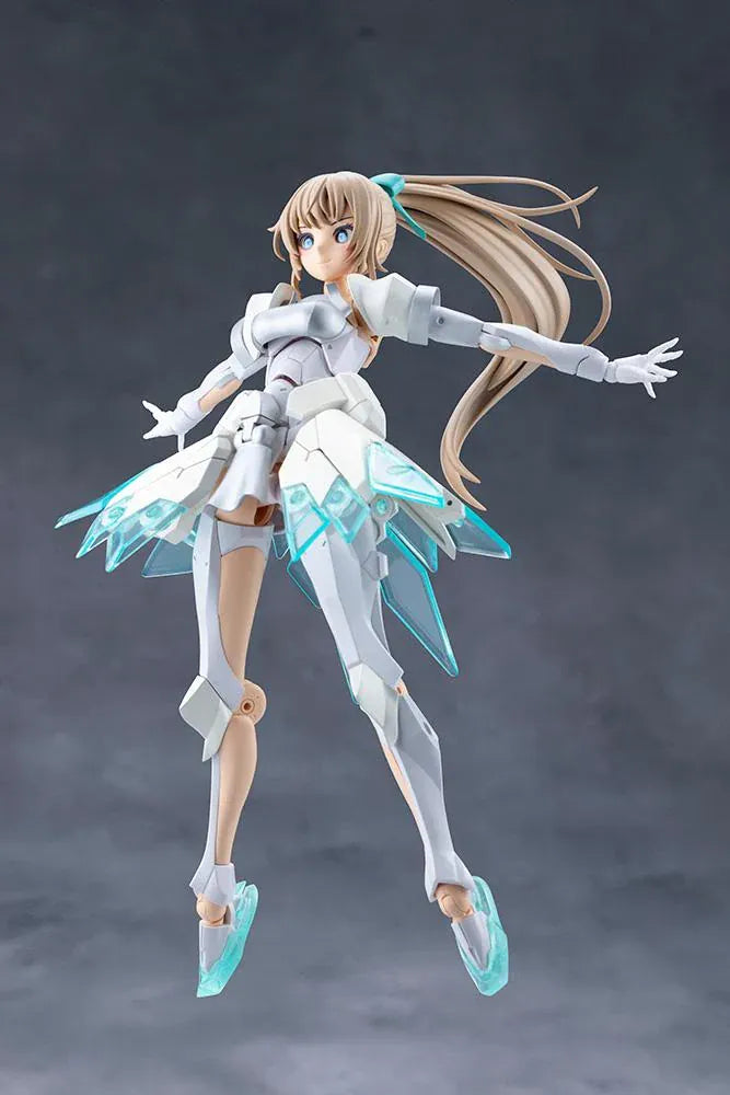 Megalomaria Unlimited Universe Emulator model kit wearing white armor with translucent teal parts and wielding teal weapons.