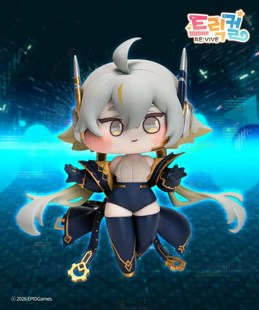 Trickcal: Chibi Go Renewa chibi figure featuring flowing silver hair, metallic headpieces, a black-and-gold outfit, and gear-shaped ornaments.