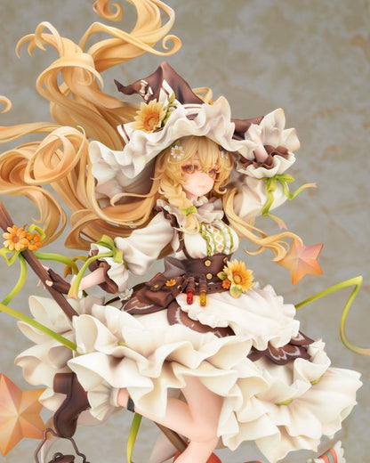 Touhou Project Marisa Kirisame 1/8 scale figure with flowing blonde hair, frilled witch dress, sunflowers, lantern, and detailed fantasy base.