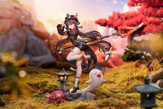 Genshin Impact Hu Tao (Fragrance in Thaw Ver.) 1/7 Scale Figure, featuring Hu Tao in a dynamic pose with her staff and ghost companion, standing on a detailed base with a lantern and flowers.