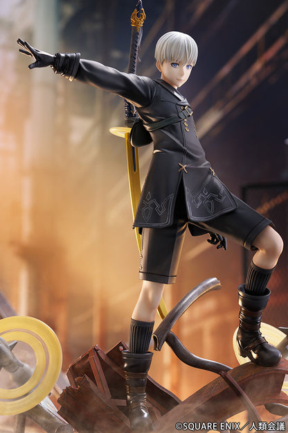 NieR: Automata Ver1.1a 9S (YoRHa No.9 Type S -Covering Fire-) 1/7 Scale Figure - Detailed anime figure of 9S in an action-packed pose with his weapon drawn, featuring his black YoRHa uniform and dynamic base