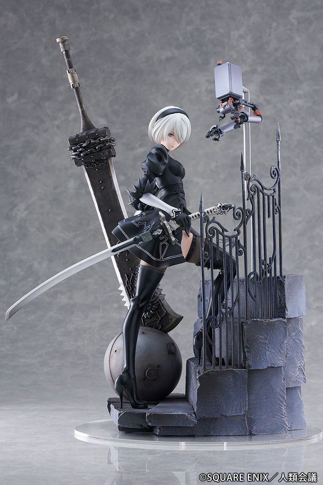 NieR: Automata Ver1.1a 2B (YoRHa No.2 Type B -Search-) 1/7 Scale Figure - Detailed anime figure of 2B in a vigilant pose with her weapon, featuring her black dress and Pod 042 on a realistic base.