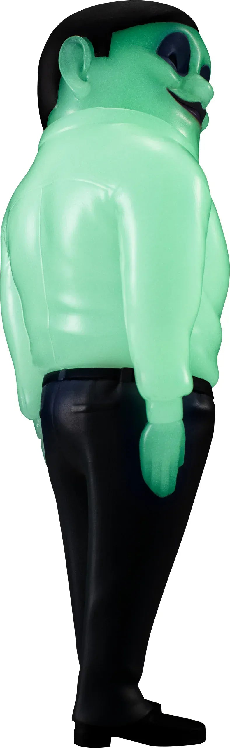 Alien Serpo sofubi figure from Dandadan with green body and black pants.