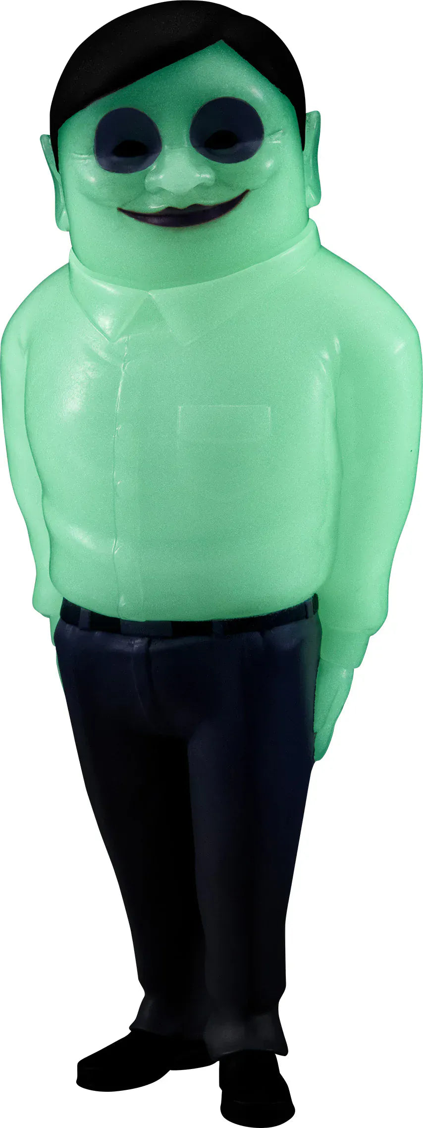Alien Serpo sofubi figure from Dandadan with green body and black pants.