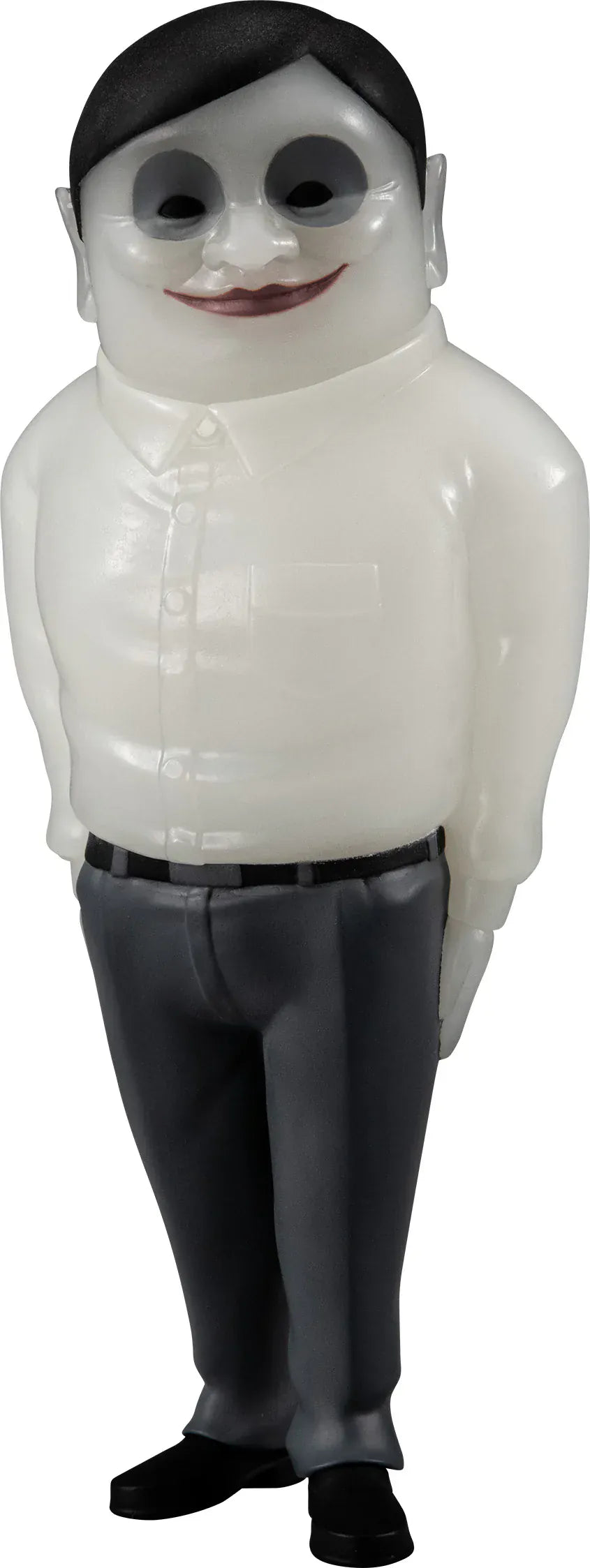 Alien Serpo sofubi figure from Dandadan with green body and black pants.