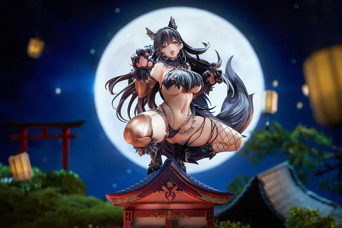 Azur Lane Atago Full Moon’s Feral Wolf Ver. 1/7 scale figure with wolf-themed outfit, tail, and rooftop base.