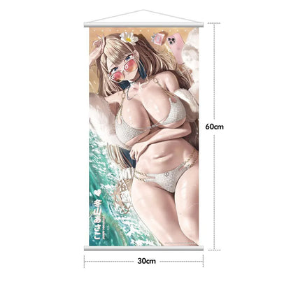 Asako Fuyuyama Summer Beach Date Deluxe Edition 1/6 Scale Figure featuring a brown-haired anime girl in a white bikini and orange sunglasses relaxing against a turquoise beach display, accompanied by a matching illustrated wall scroll.