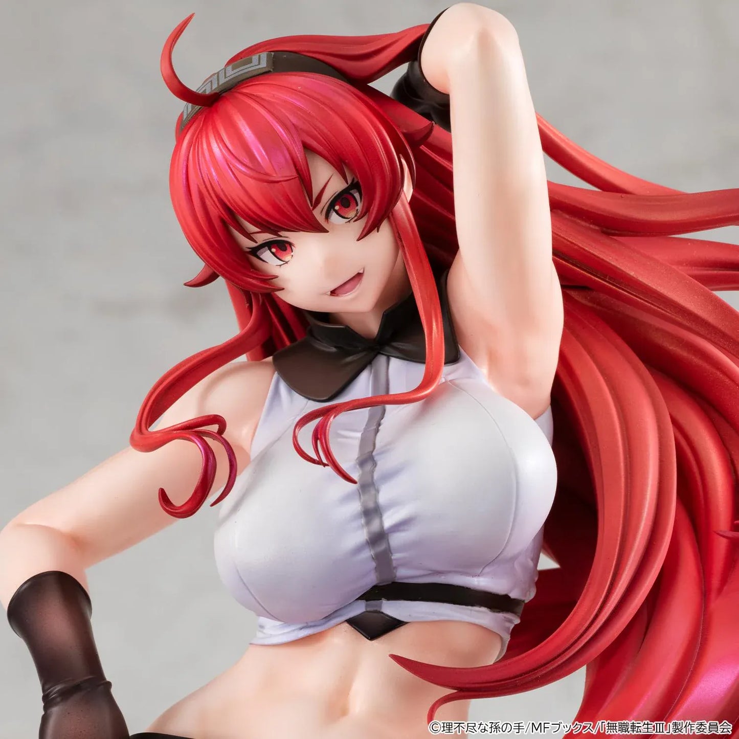 Mushoku Tensei Lucrea Eris Boreas Greyrat Figure with flowing red hair, black and white outfit, and detailed rocky display base