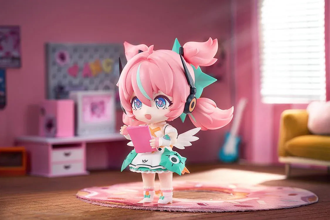 Zenless Zone Zero Nendoroid Aria figure with pink twin tails, a futuristic headset, and a white-and-teal idol outfit.
