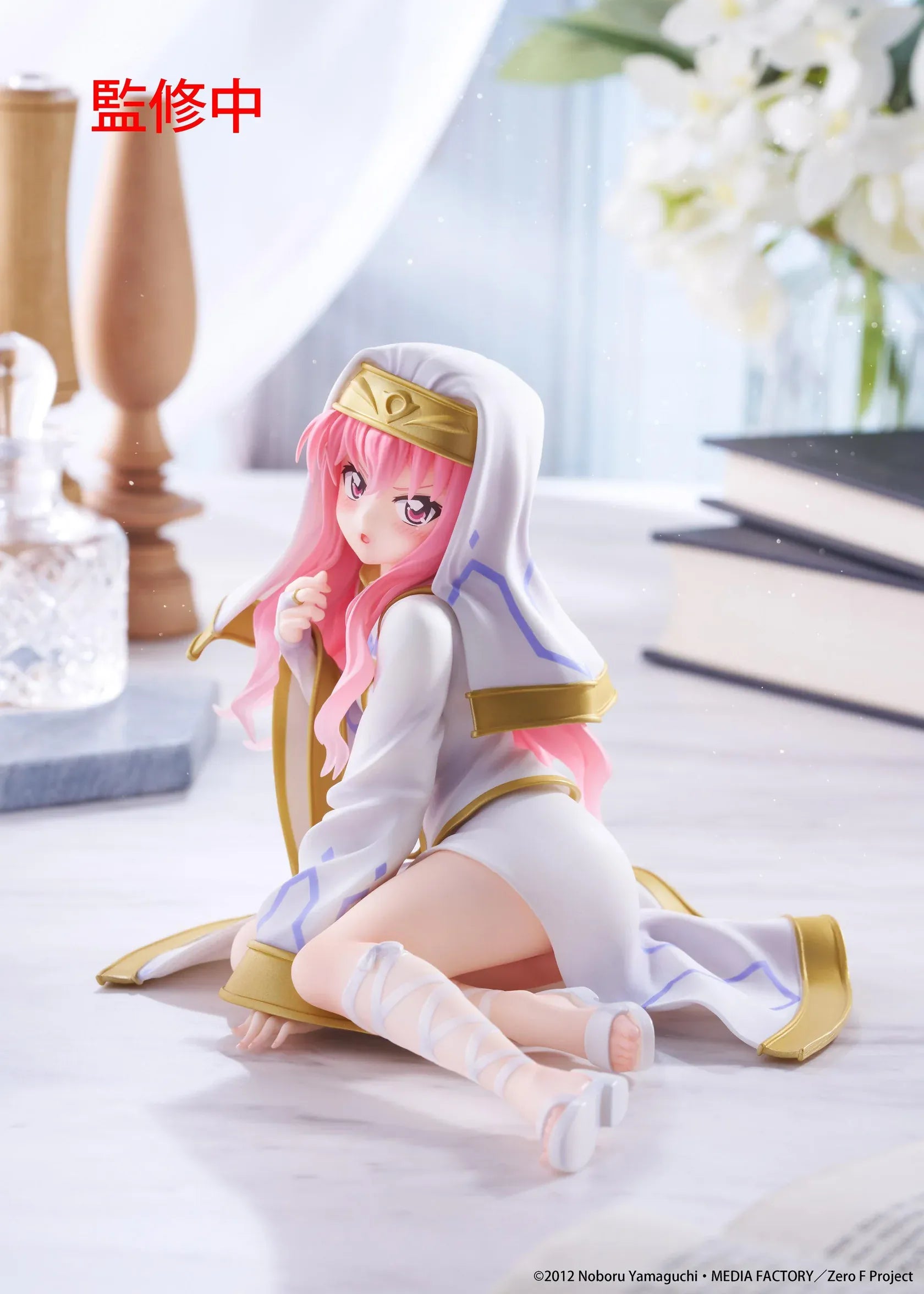 The Familiar of Zero Desktop Cute Louise Miko Outfit Ver. figure seated in a white-and-gold ceremonial outfit with long pink hair.