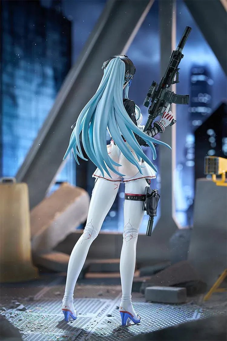 Girls' Frontline 2 Exilium Klukai Speed Star figure with light blue hair, a white and black outfit, cap, goggles, and rifle on a blue display base.