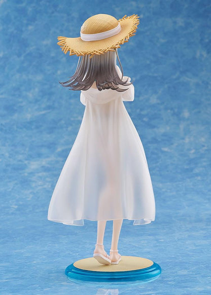 The Idolmaster Gakuen Hiro Shinosawa Swimsuit Ver 1/7 scale figure with straw hat, white swimsuit, and translucent beach cover-up on sand-style base