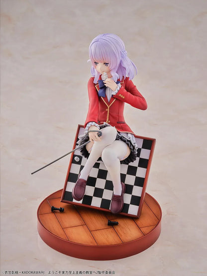 Arisu Sakayanagi 1/7 scale figure in a red uniform and black beret, holding a chess piece with her cane across a tilted chessboard display.