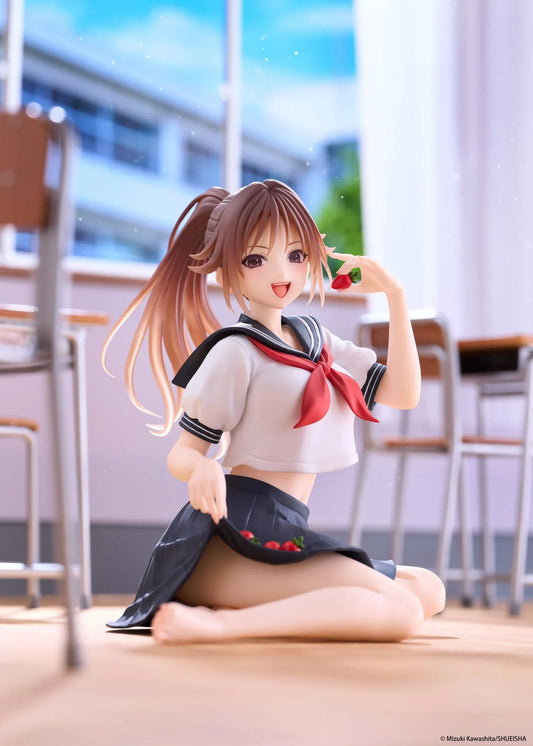 Desktop Cute Satsuki Kitaoji School Uniform Ver. figure seated with a brown ponytail, white and navy sailor uniform, and a strawberry held beside her smiling face.