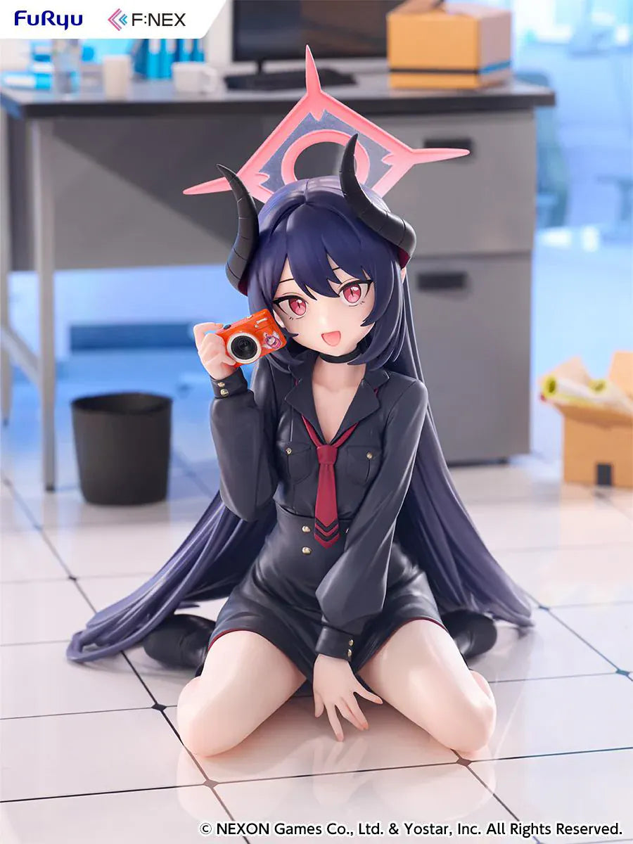Blue Archive Chiaki Memorial Lobby Ver. 1/7 Scale Figure seated with dark outfit, horn details, pink halo, and camera accessory