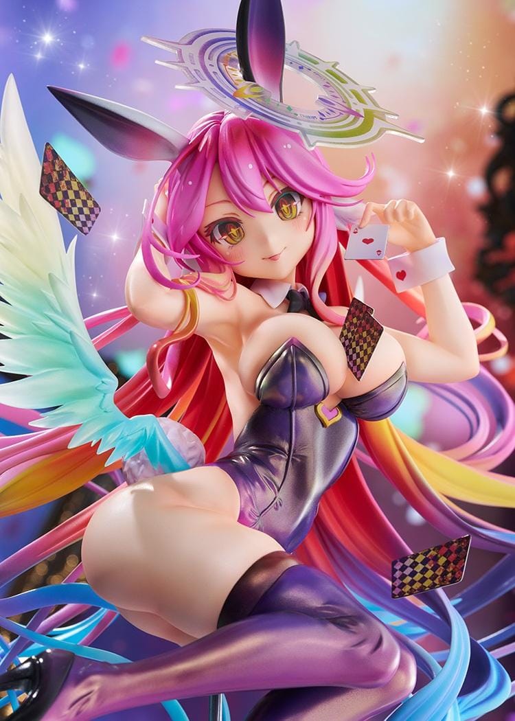 No Game No Life Jibril Bunny Ver. 1/6 Scale Figure featuring a pink-haired anime girl with flowing multicolored strands, golden eyes, purple bunny ears, a glossy purple bunny suit, thigh-high stockings, feathered wings, and a halo floating above a checkered display base.