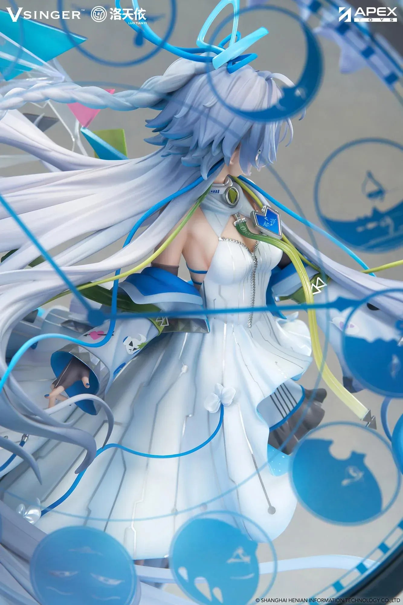 Vsinger Luo Tianyi 12th Anniversary 1/7 scale figure featuring flowing twin tails, layered blue and white dress, and ornate circular backdrop