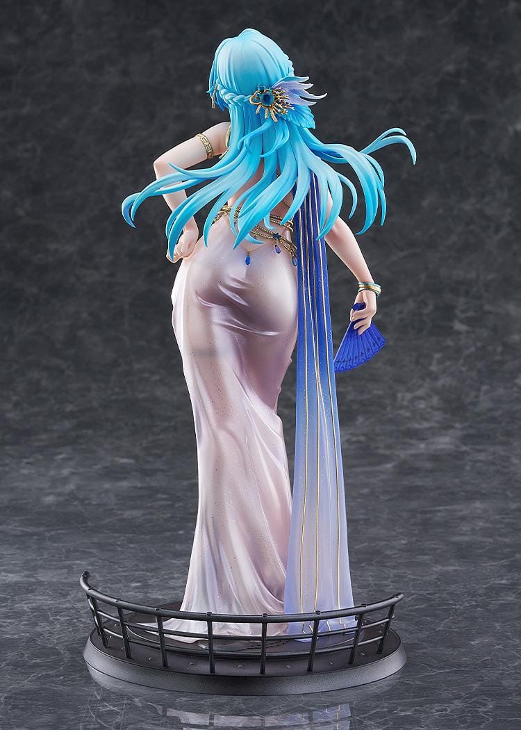 Goddess of Victory: Nikke Helm Chandelier 1/7 scale figure in shimmering pale dress with blue hair, gold accessories, and fan on ship-like base