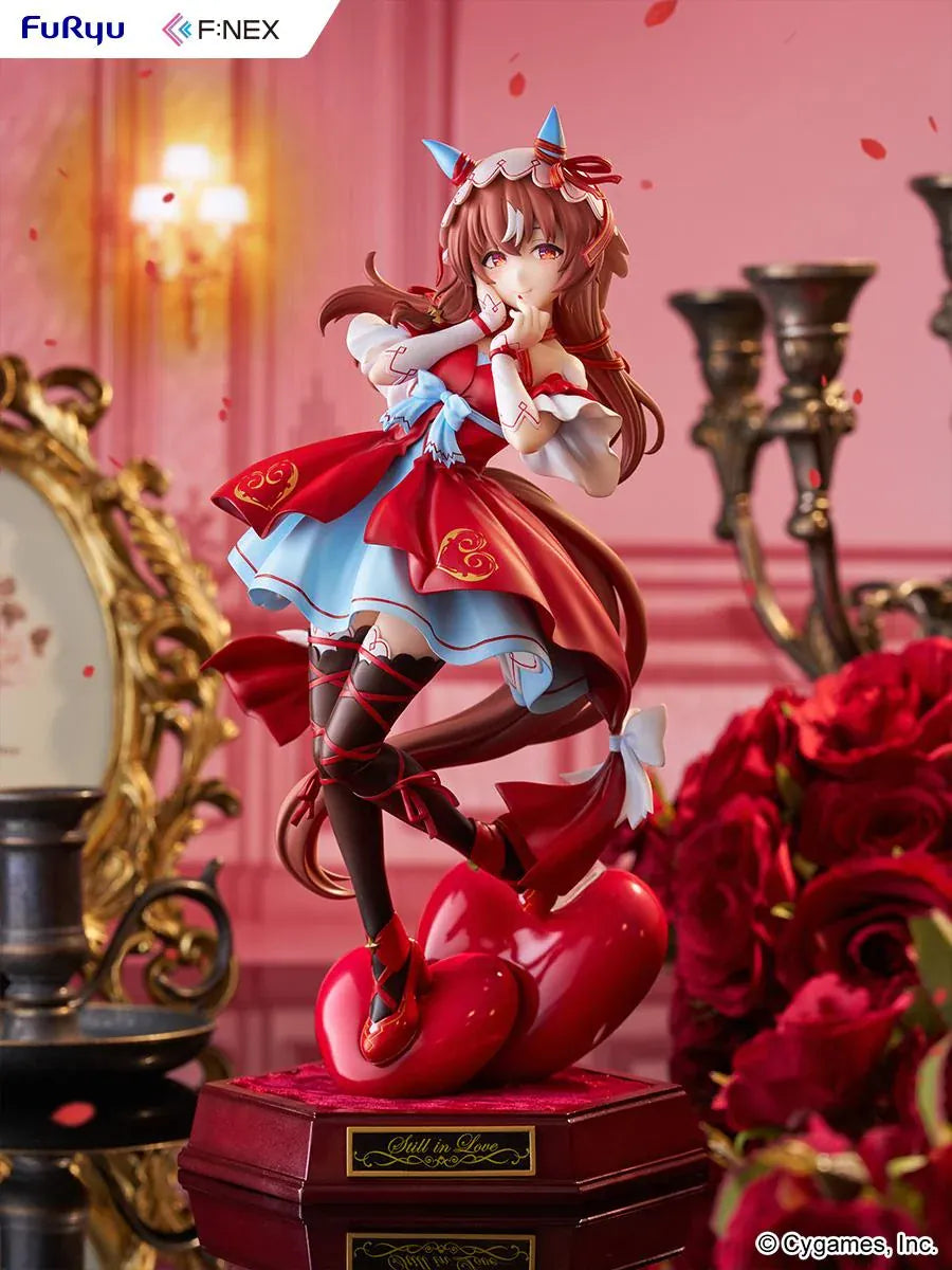 Umamusume Pretty Derby Still in Love 1/7 scale figure in a red and blue performance outfit on a heart-shaped display base