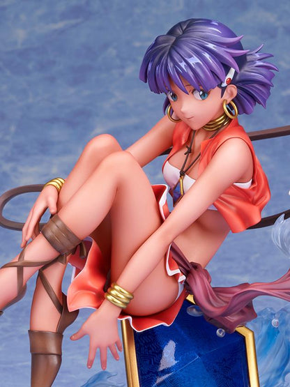 Nadia 1/7 scale figure in a red outfit with purple hair, a white lion companion, flowing ribbons, and swirling blue water effects.