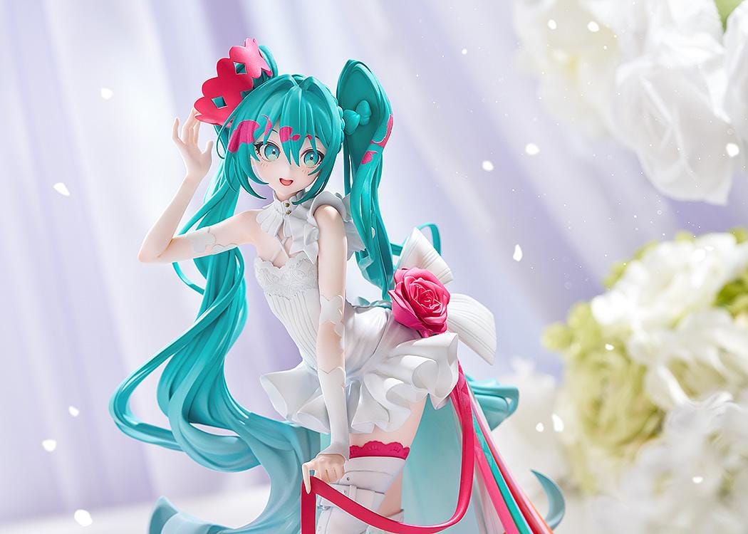 GOOD SMILE RACING G.S. Collection Racing Miku 15th Rhapsody 2010-2025 1/7 Scale Figure with white outfit, teal twin-tails, red rose, and colorful ribbons