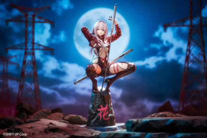 Scarlet Racer's High scale figure from Goddess of Victory: Nikke, crouching on a rocky base with weapons drawn and glossy red combat suit.