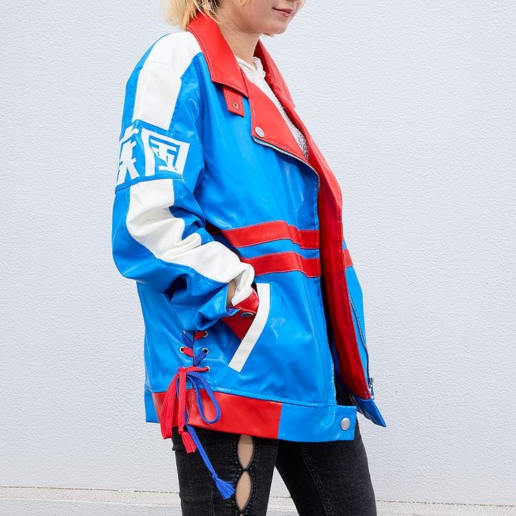 Umamusume Pretty Derby Tamamo Cross blue and red faux leather biker jacket with lightning bolt design and kanji symbols