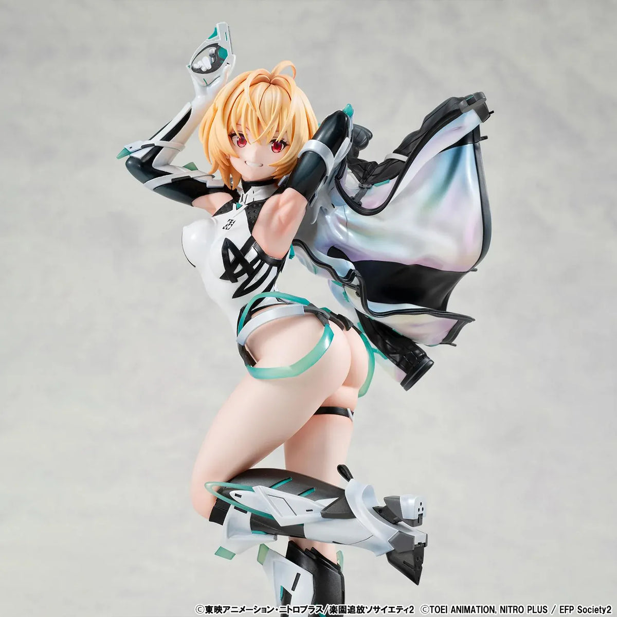 Lucrea Gabriel figure with golden hair, red eyes, black and white futuristic armor, turquoise accents, and a flowing iridescent-lined jacket.