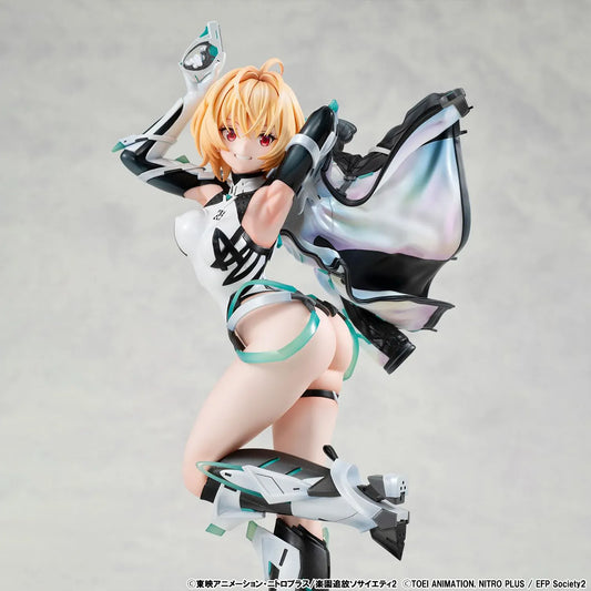 Lucrea Gabriel figure with golden hair, red eyes, black and white futuristic armor, turquoise accents, and a flowing iridescent-lined jacket.
