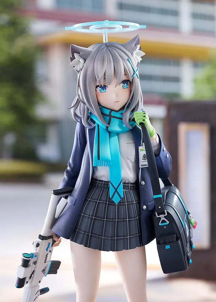 Blue Archive Shiroko 1/7 Scale Figure with silver-gray hair, wolf ears, blue halo, scarf, shoulder bag, and weapon accessory