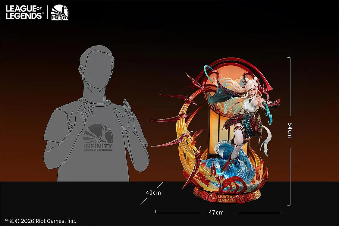 Infinity Studio League of Legends Mythmaker Irelia 1/4 scale figure surrounded by floating red blades, translucent waves, and an ornate base.