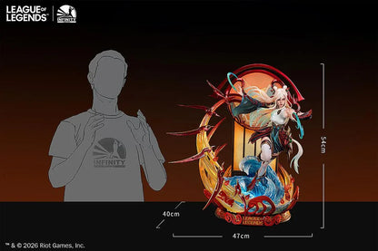 Infinity Studio League of Legends Mythmaker Irelia 1/4 scale figure surrounded by floating red blades, translucent waves, and an ornate base.