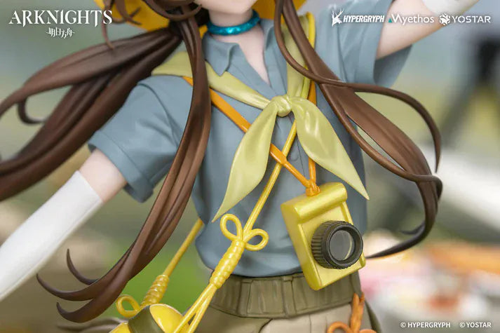 Arknights Gift+ Amiya Wildlight Wander Ver. 1/8 Scale Figure featuring Amiya with rabbit ears, hooded outfit, camera accessory, yellow bag, and themed display base.